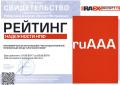 Свидетельство о приcвоении рейтинга RAEX (Эксперт РА) за 2017 год: ruAAA «Наивысший уровень финансовой надежности»